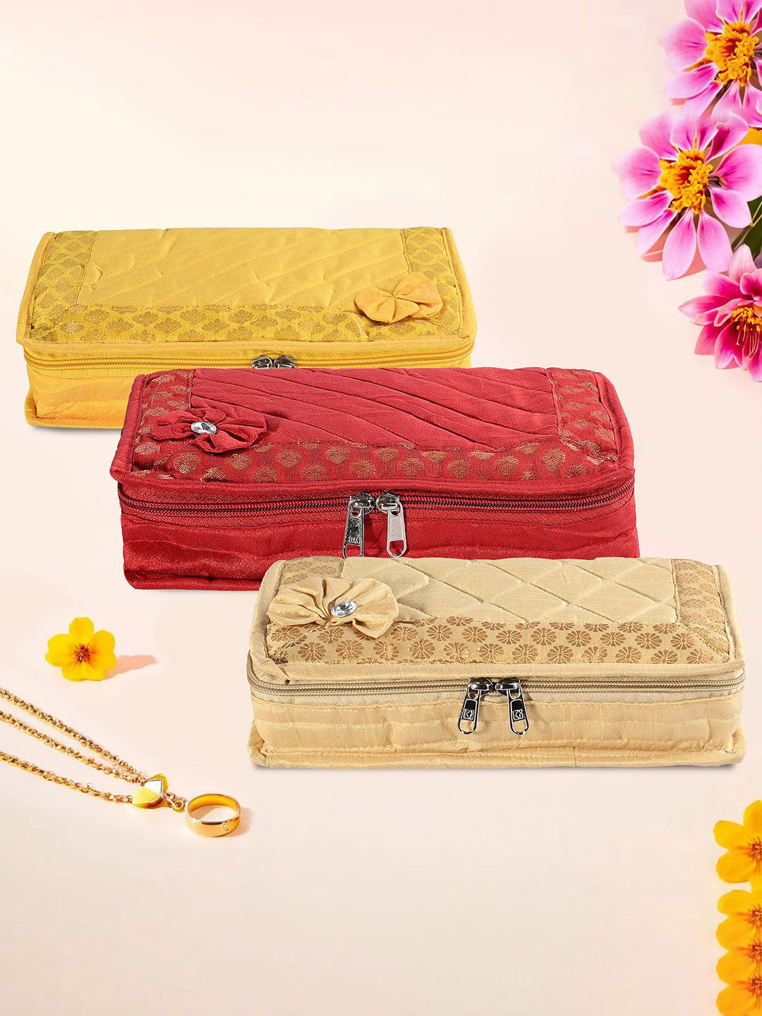 

Kuber Industries Gold-Toned & Red 3 Pieces Embroidered Jewellery Organisers