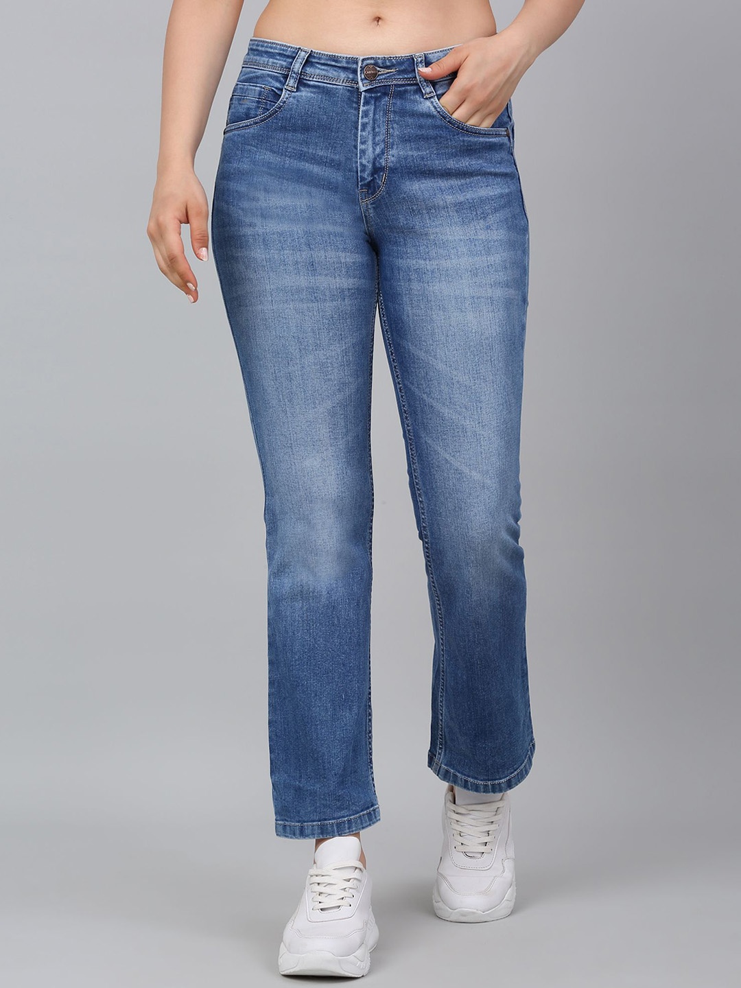 

Cantabil Women Bootcut Heavy Fade Stretchable Jeans, Blue