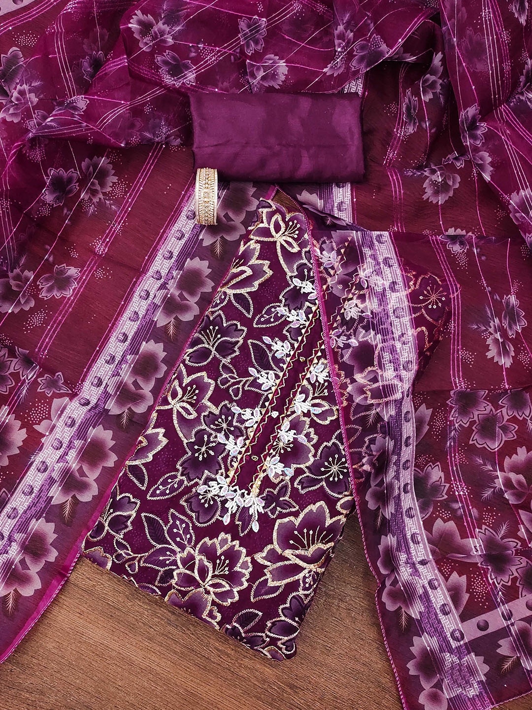 

MANVAA Floral Embellished Organza Unstitched Dress Material, Purple