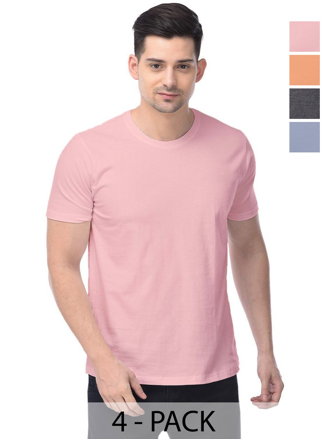 

COLOR CAPITAL Unisex Pack Of 4 Solid Round Neck Cotton T-shirts, Pink