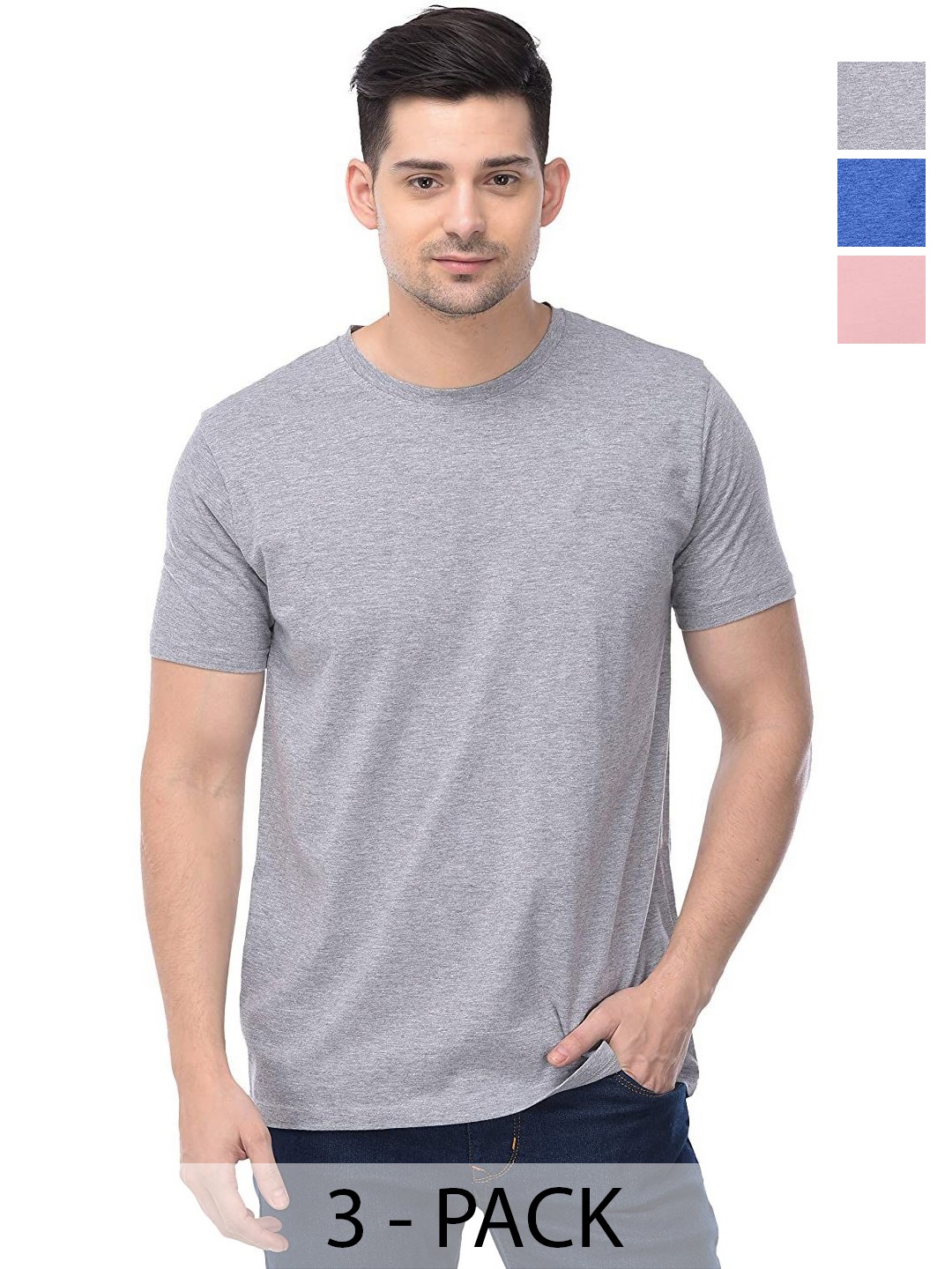 

COLOR CAPITAL Unisex Pack Of 3 Solid Round Neck Cotton T-shirts, Grey