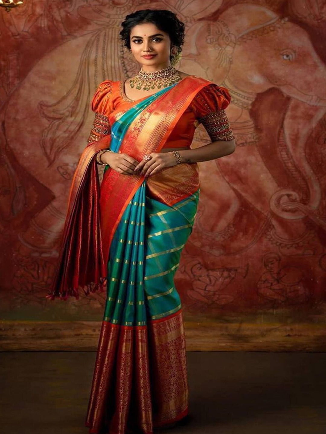 

Sanwariya Silk Woven Design Zari Kanjeevaram Saree, Teal