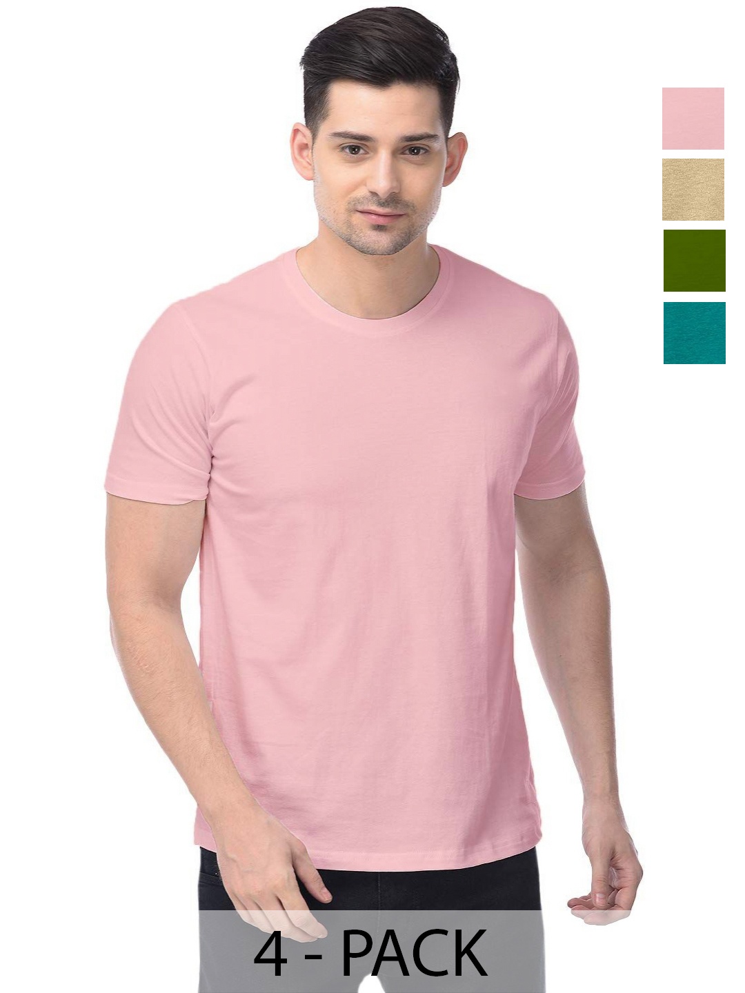 

COLOR CAPITAL Unisex Pack Of 4 Solid Round Neck Cotton T-shirts, Pink