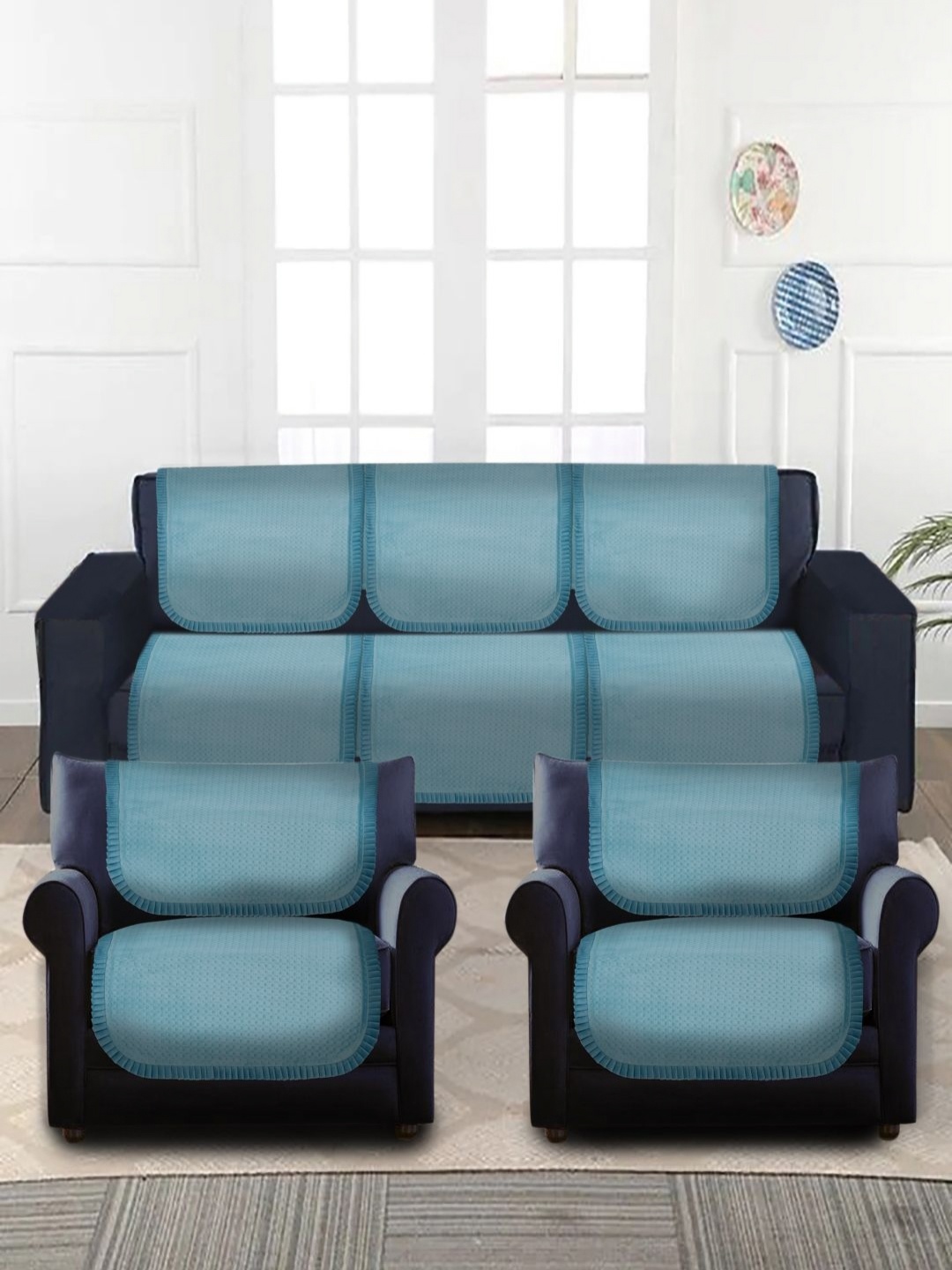 

MULTITEX Turquoise Blue 6 Pieces Self Design 5 Seater Velvet Sofa Cover