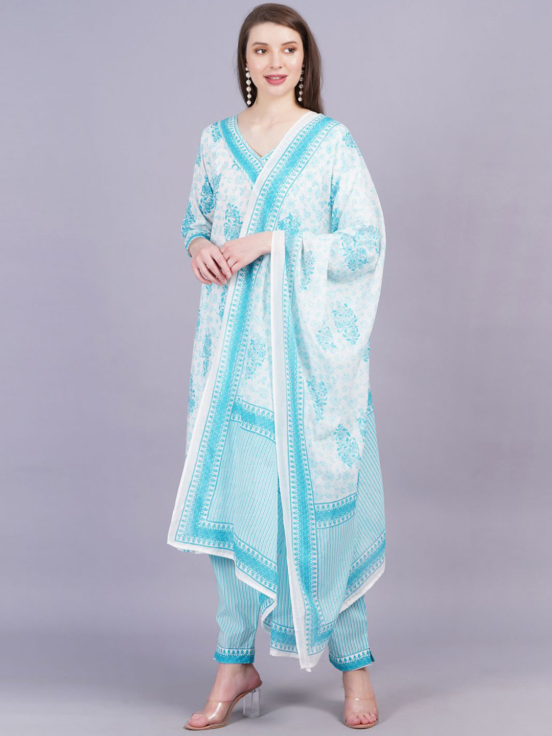 

HIGHLIGHT FASHION EXPORT Angrakha Pure Cotton Straight Kurta with Trousers & Dupatta, Blue