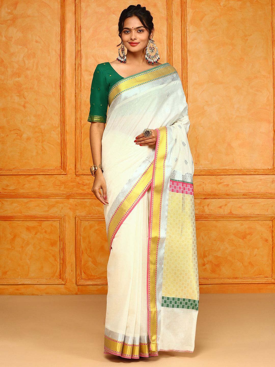 

Ramraj Woven Design Zari Pure Cotton Saree with blouse piece, Cream