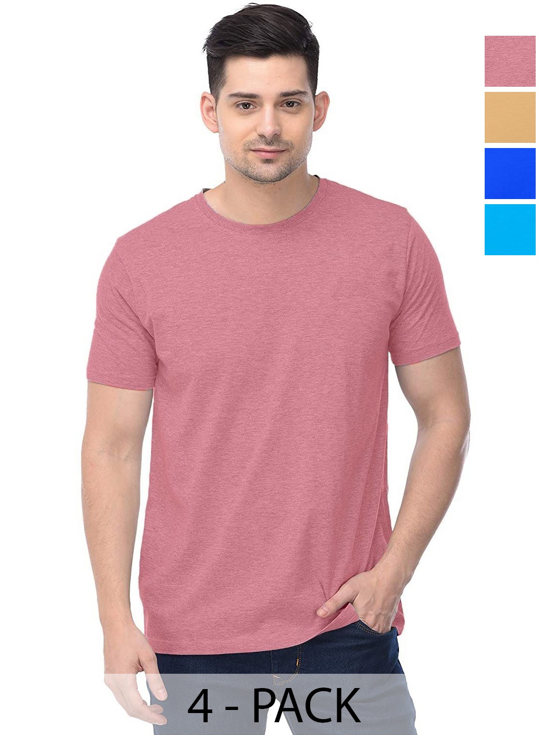

COLOR CAPITAL Unisex Pack Of 4 Solid Round Neck Cotton T-shirts, Pink