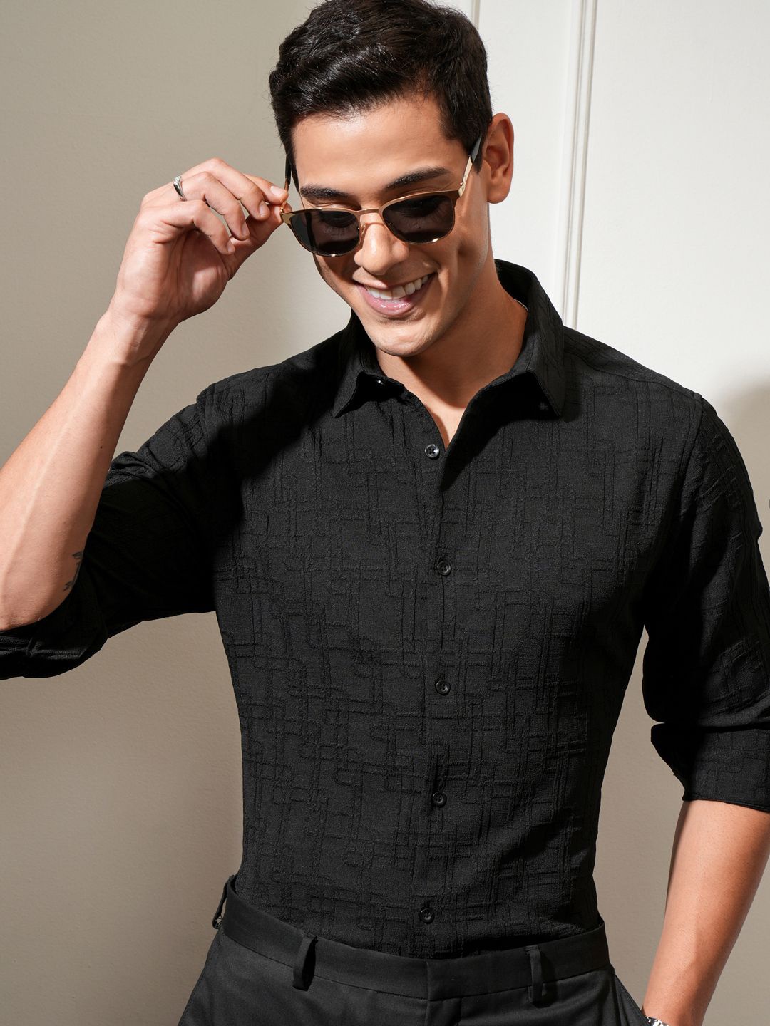 

LOCOMOTIVE Luxe Men Popcorn Textured Party Evening Shirt, Black