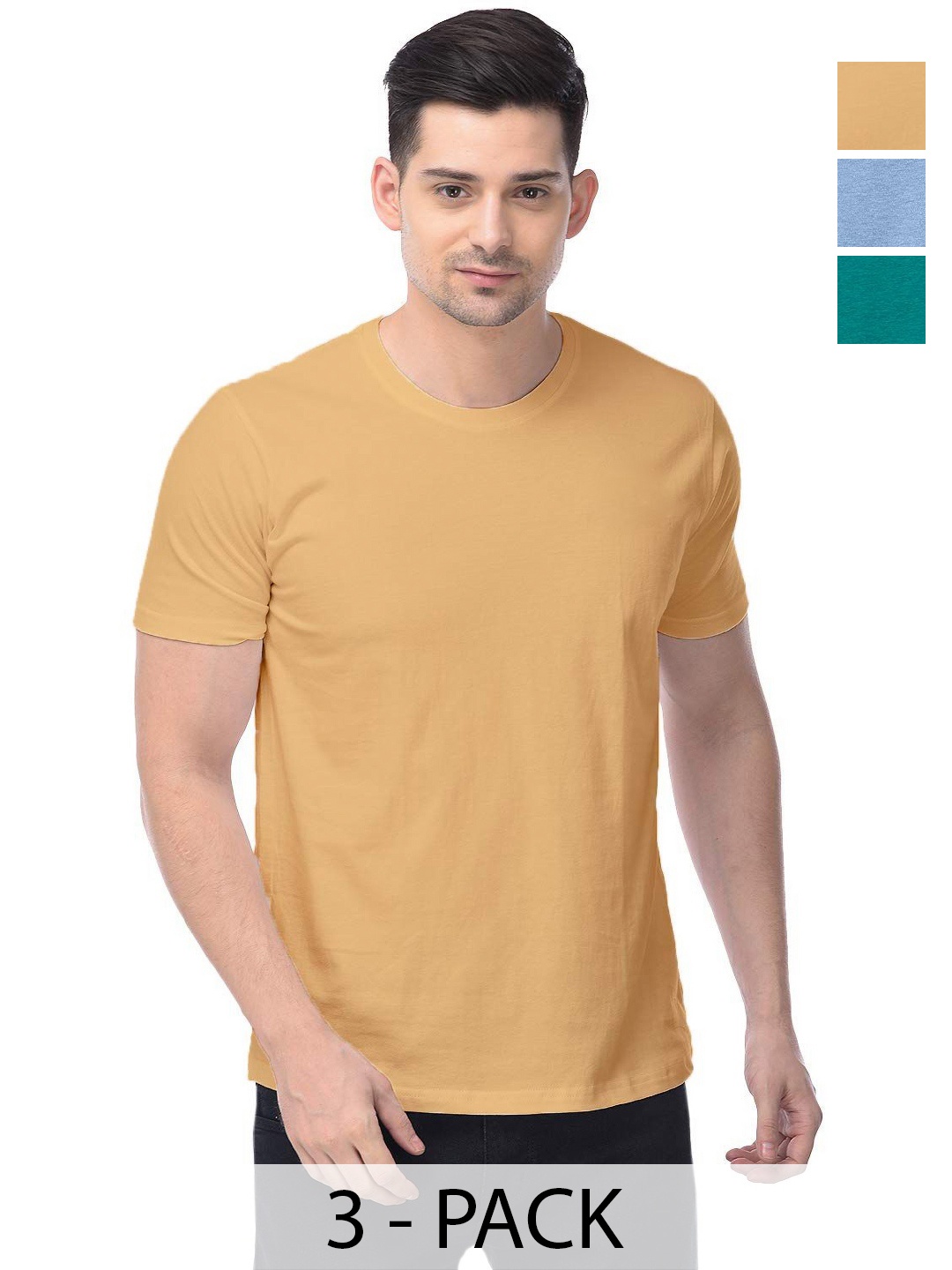 

COLOR CAPITAL Unisex Pack Of 3 Solid Round Neck Cotton T-shirts, Mustard