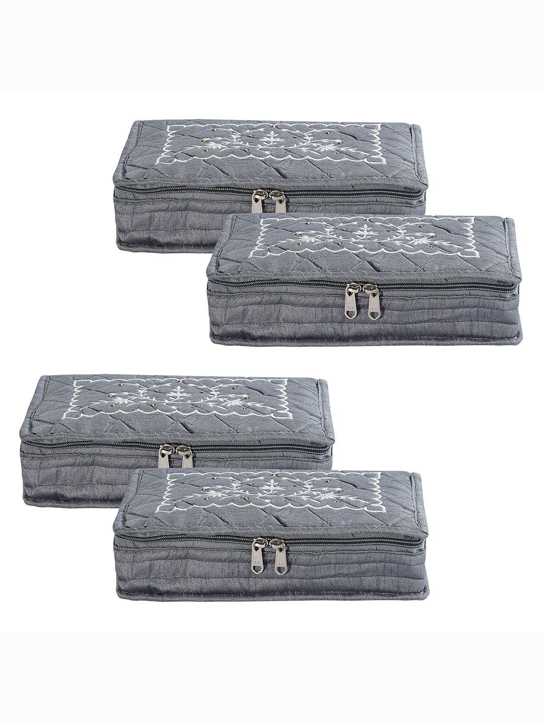 

Kuber Industries Grey 4 Pieces Floral Embroidery Jewellery Organiser