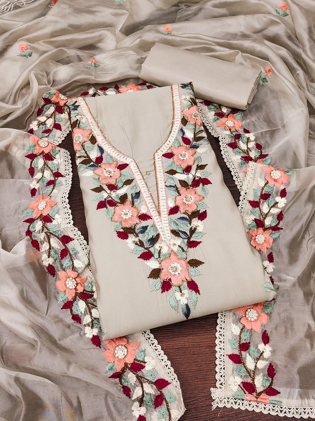

MANVAA Floral Embroidered Unstitched Dress Material, Cream