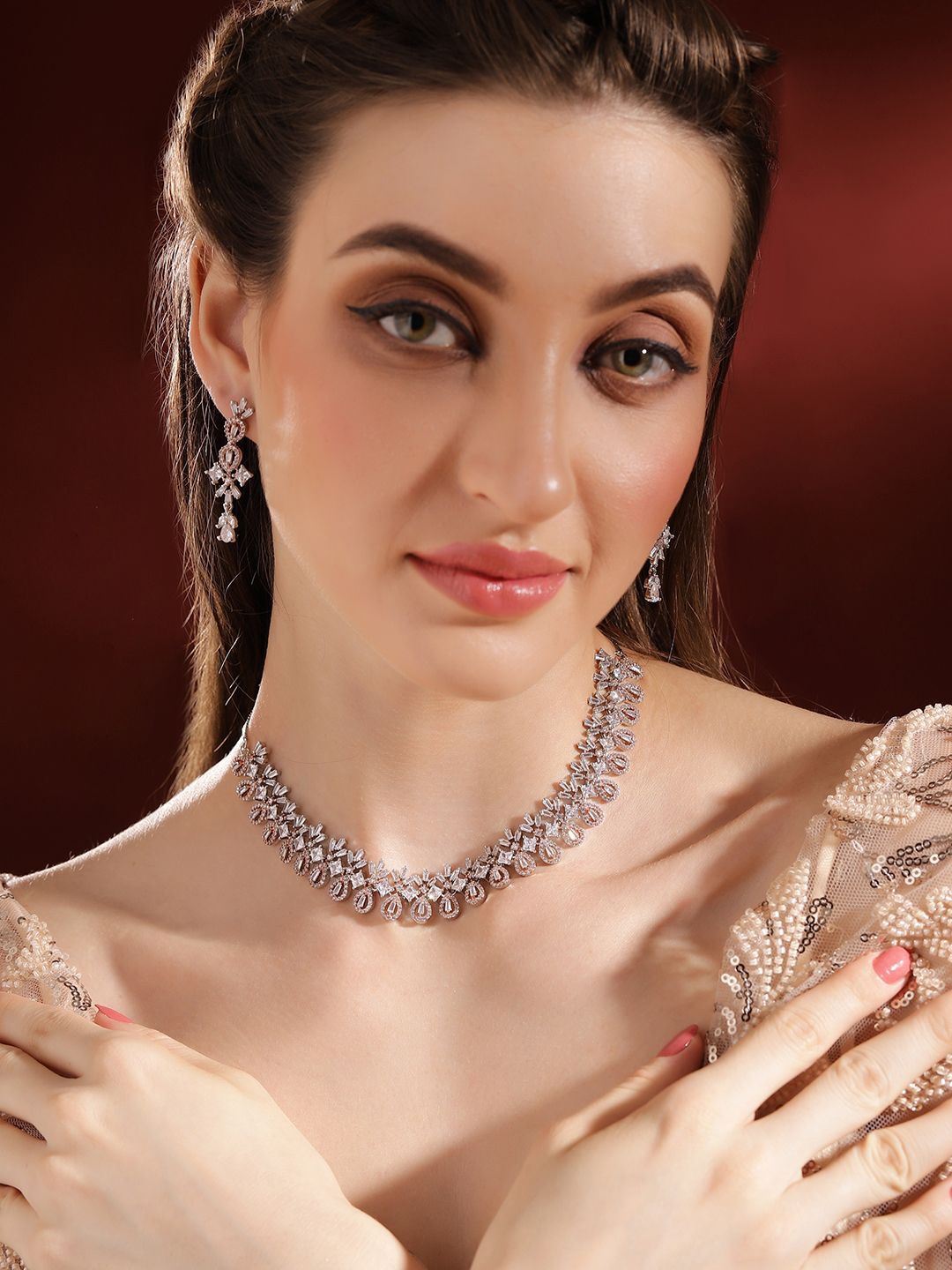 

Priyaasi Rose Gold-Plated AD Stones-Studded Necklace and Earrings