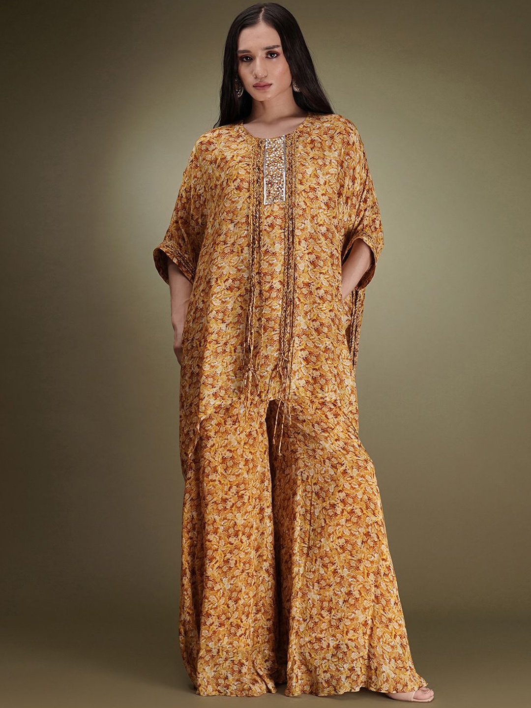 

Breathe by Aakanksha Singh Floral Printed Sequinned Regular Kaftan Co-Ords Set, Mustard