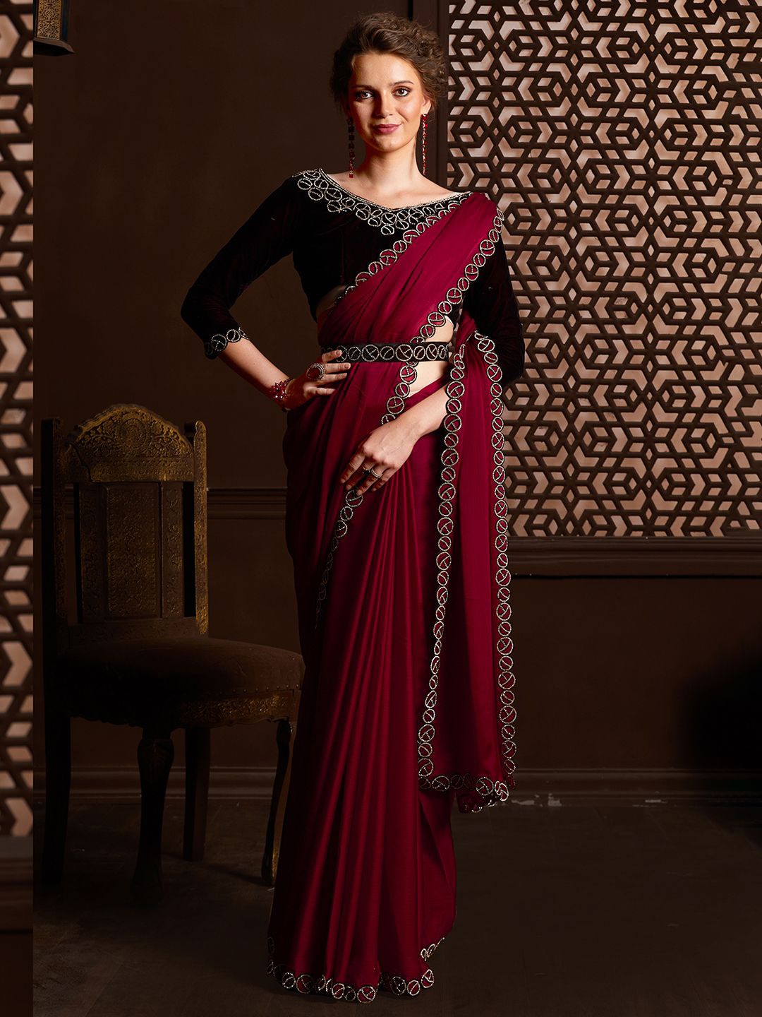 

Anouk Solid Beads and Stones Embellished Saree, Maroon