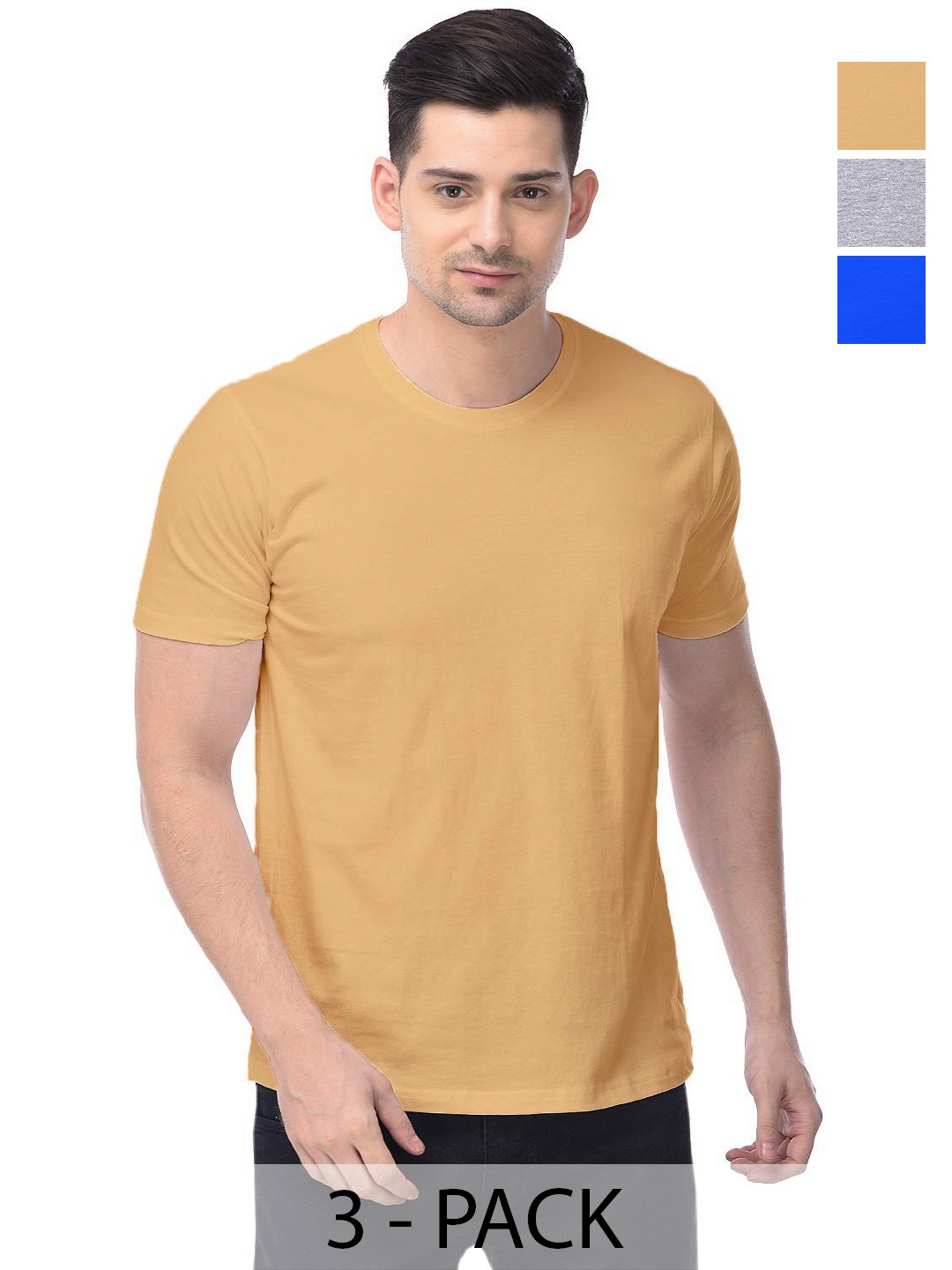 

COLOR CAPITAL Unisex Pack Of 3 Solid Round Neck Cotton T-shirts, Mustard