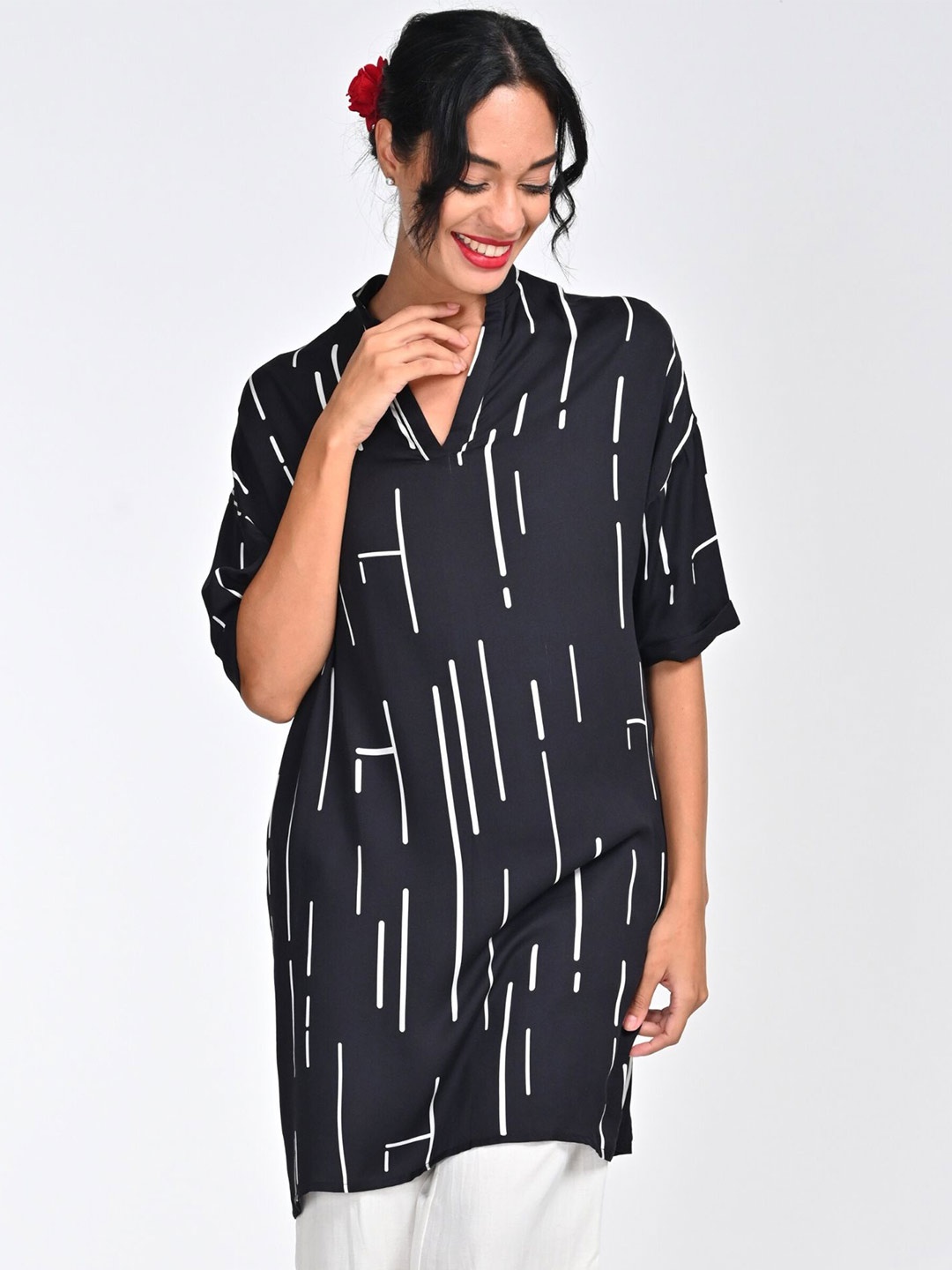 

Saltpetre Mandarin Collar Printed Shirt Dress, Black
