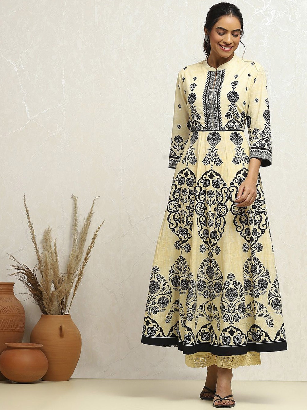 

Biba Floral Printed Regular Pure Cotton A-Line Kurta with Palazzos, Yellow