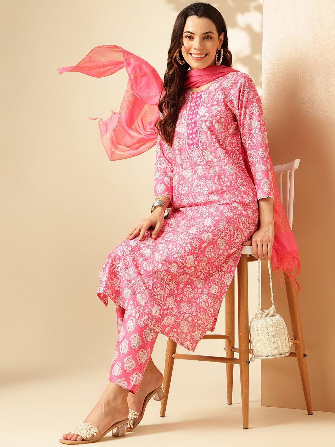 

Anouk Pink Floral Printed Thread Work Straight Kurta With Trouser & Dupatta