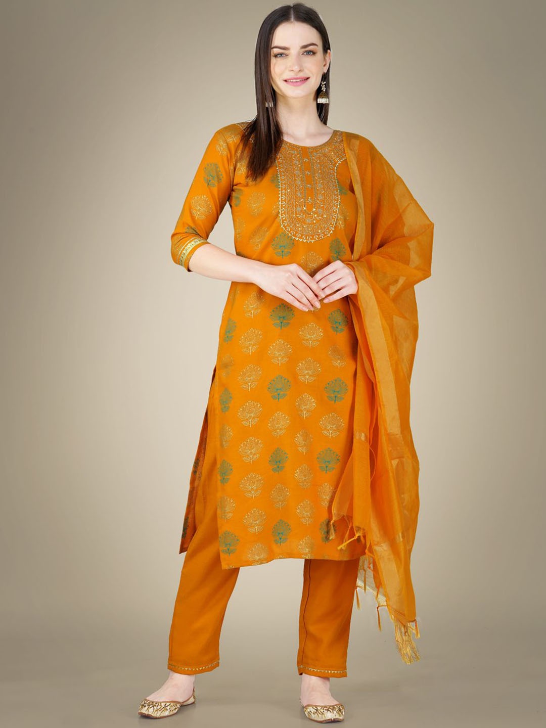 

Rujave Floral Printed Sequinned Straight Kurta With Trousers & Dupatta, Yellow