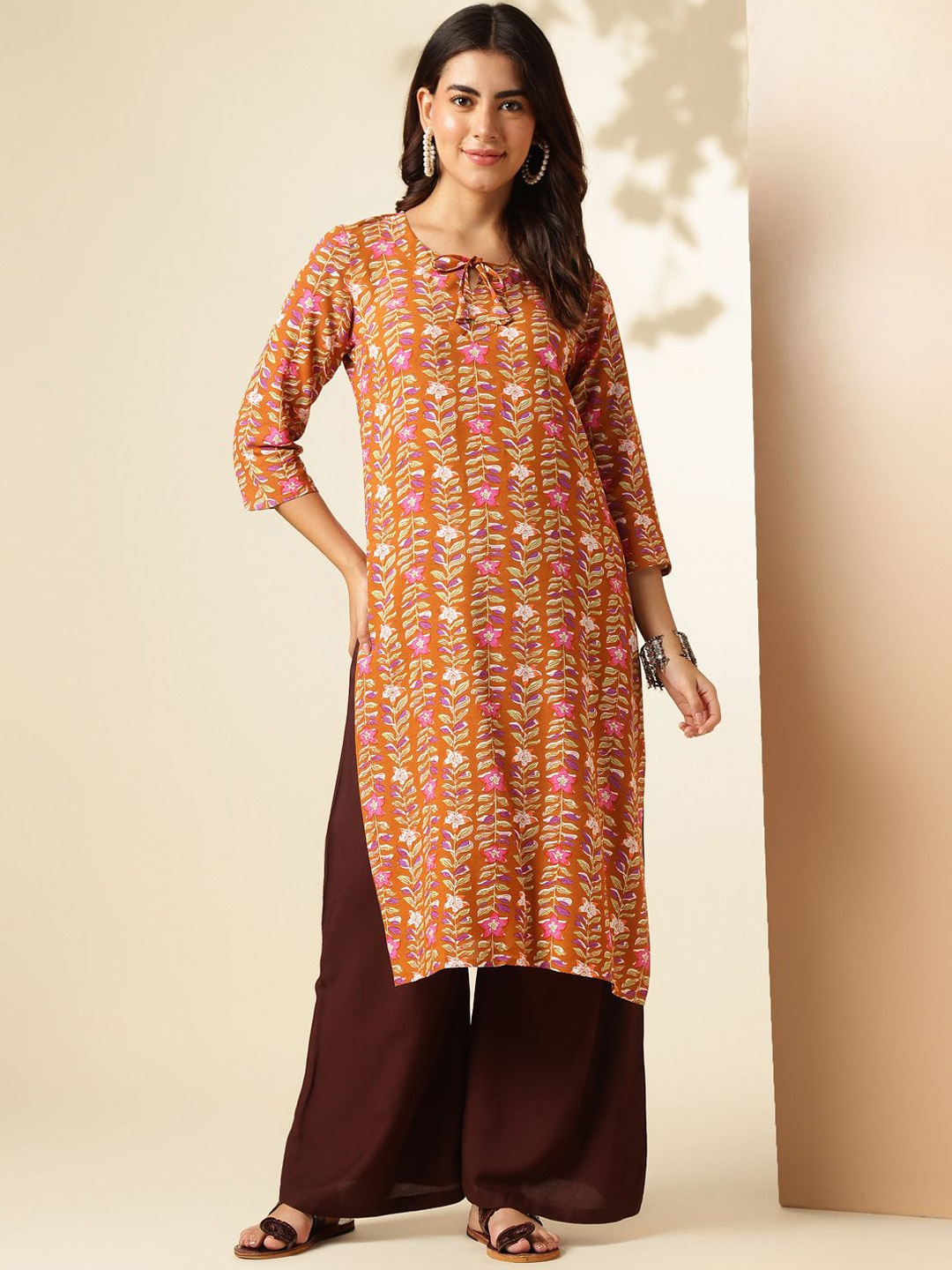 

Anouk Rustic Floral Printed Tie-Up Neck Straight Kurta, Brown
