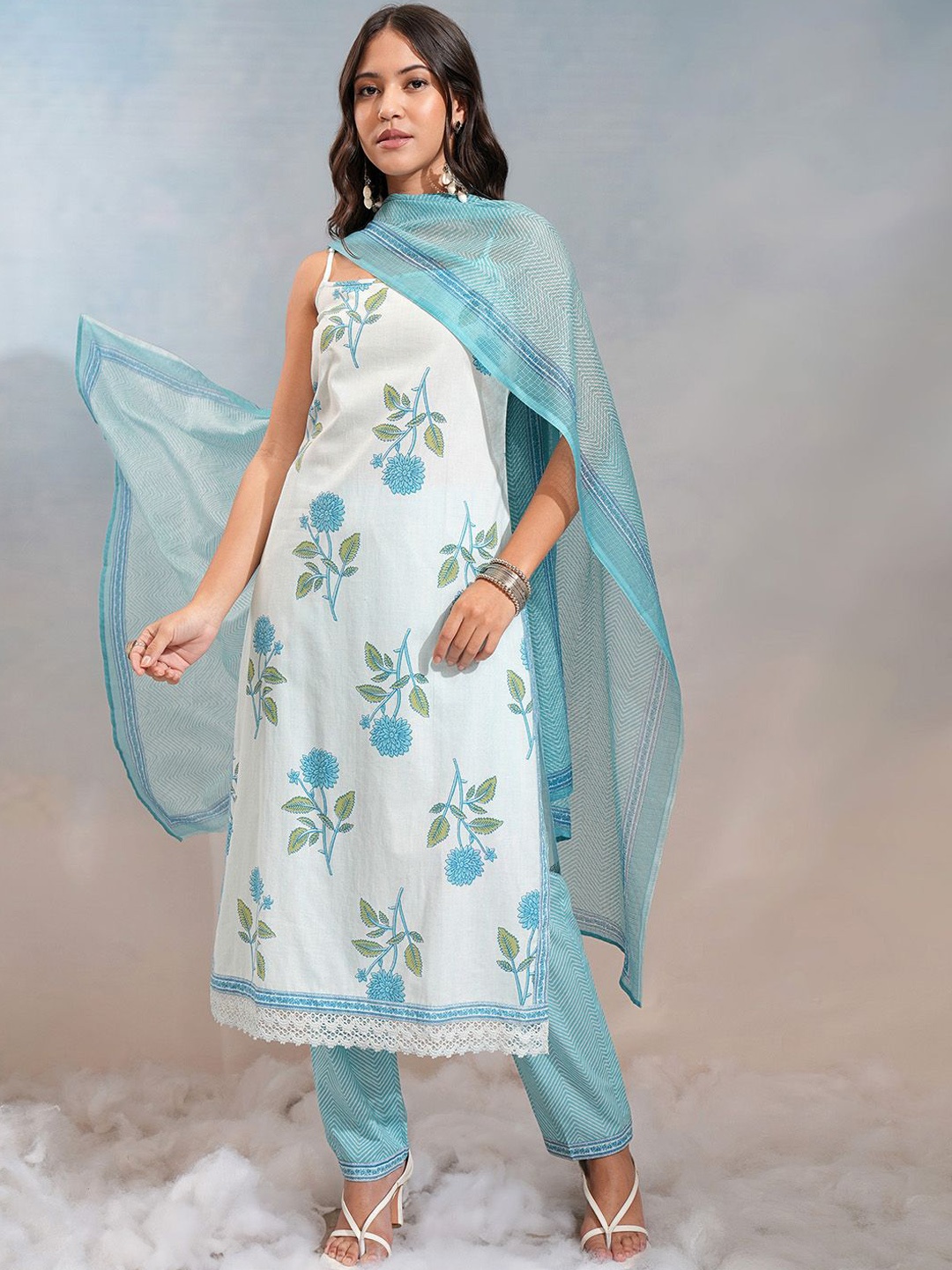 

Vishudh Floral Printed Shoulader Strap Pure Cotton Straight Kurta & Trousers With Dupatta, Blue