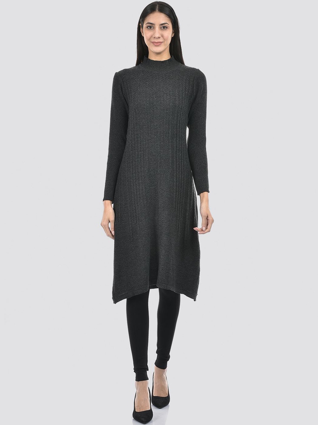 

American Eye High Neck Long Sleeves Straight Kurta, Grey