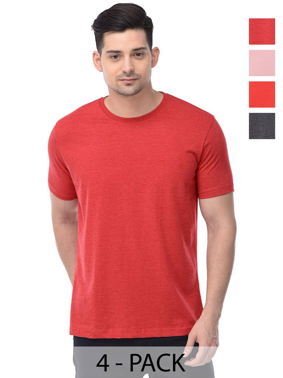 

COLOR CAPITAL Unisex Pack Of 4 Solid Round Neck Cotton T-shirts, Red