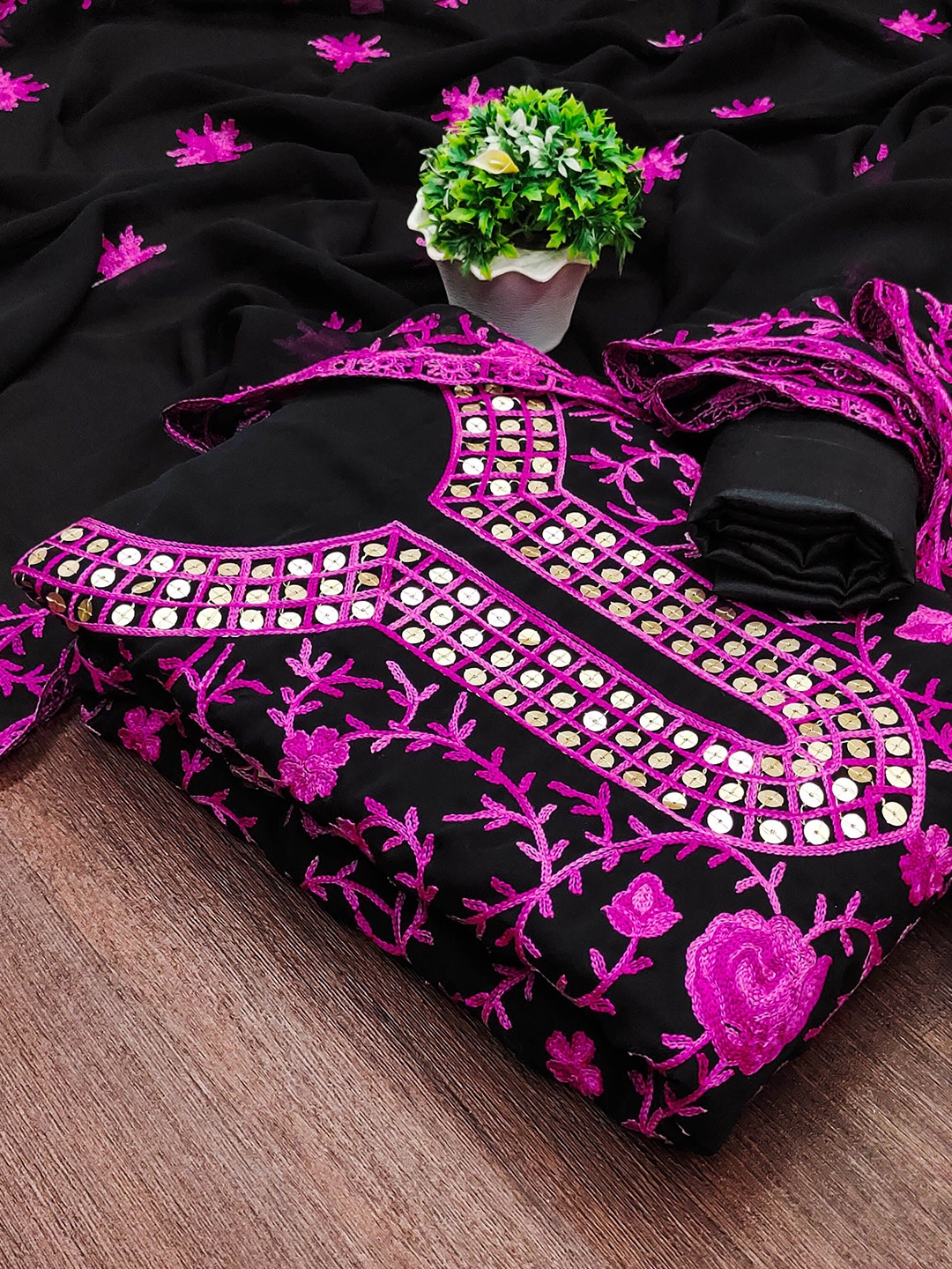 

MANVAA Floral Embroidered Mirror Work Unstitched Dress Material, Magenta