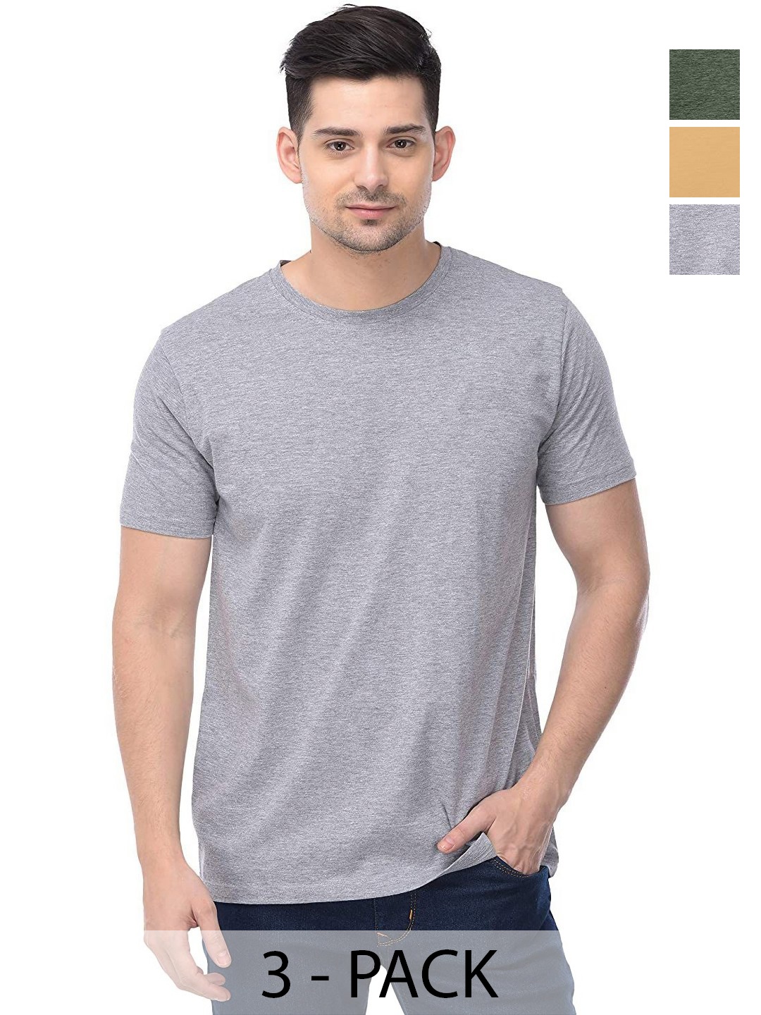 

COLOR CAPITAL Unisex Pack Of 3 Solid Round Neck Cotton T-shirts, Grey