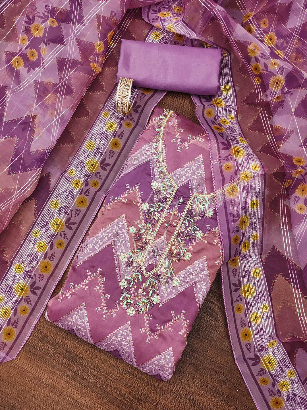 

MANVAA Floral Embellished Beads and Stones Organza Unstitched Dress Material, Magenta