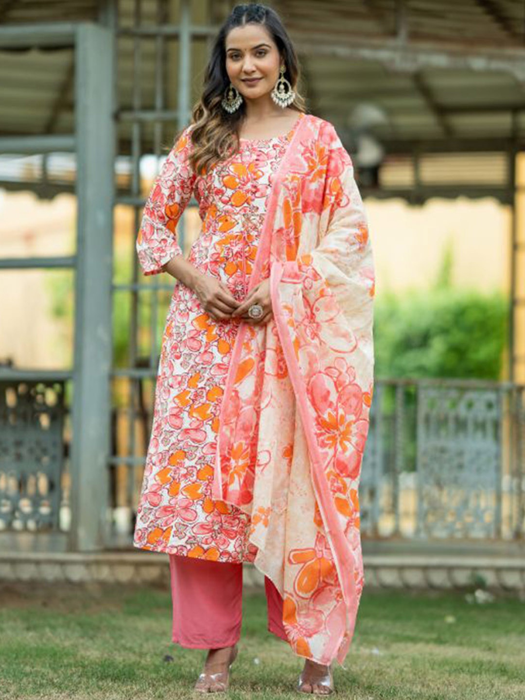 

Kiana Floral Printed Pure Cotton Straight Kurta With Trousers & Dupatta, Pink