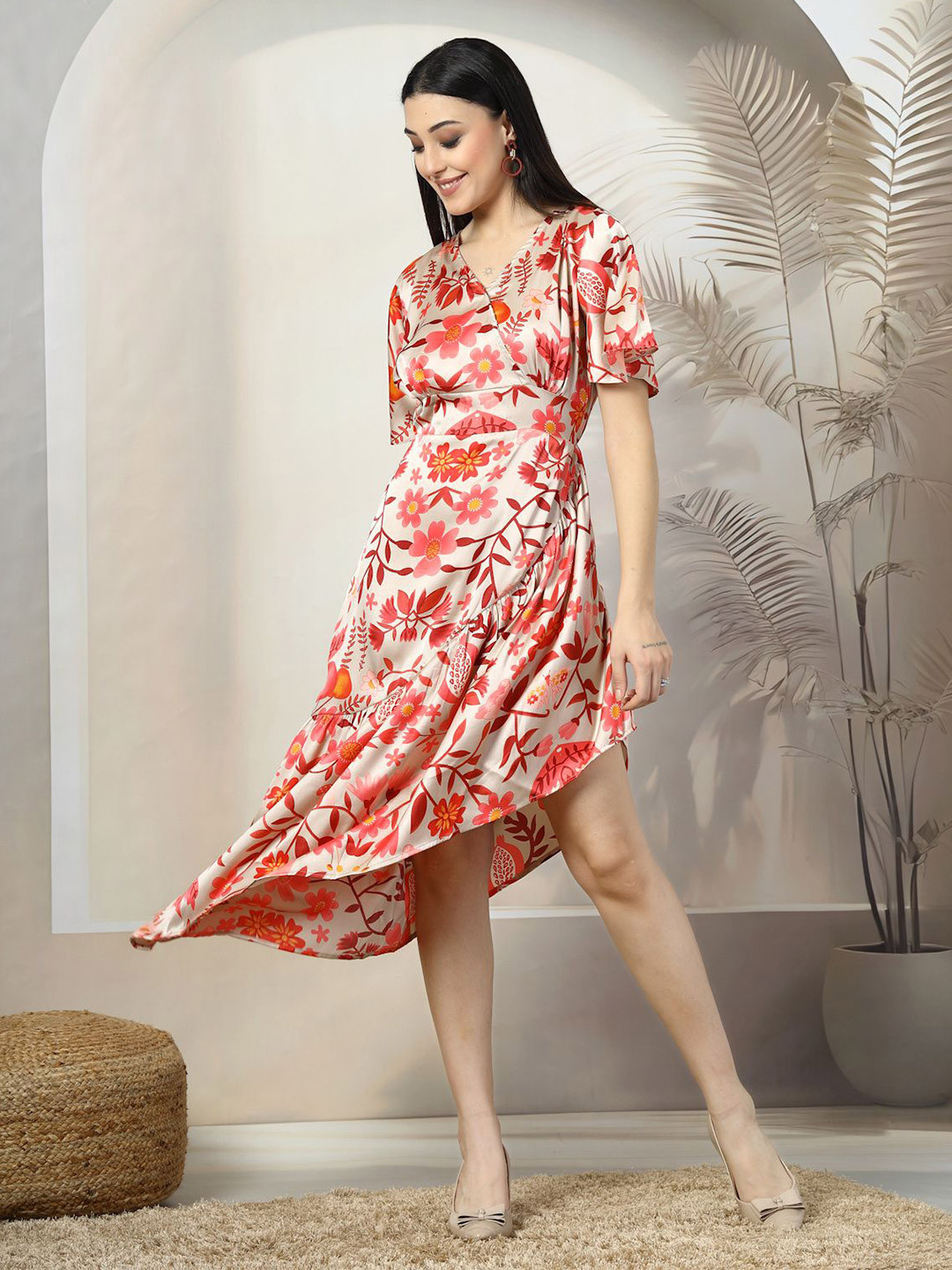 

plusS Floral Printed A-Line Midi Dress, Beige