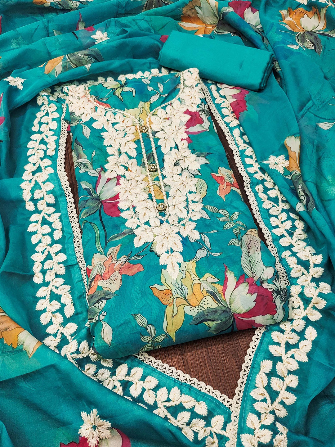 

MANVAA Floral Embroidered Organza Unstitched Dress Material, Teal