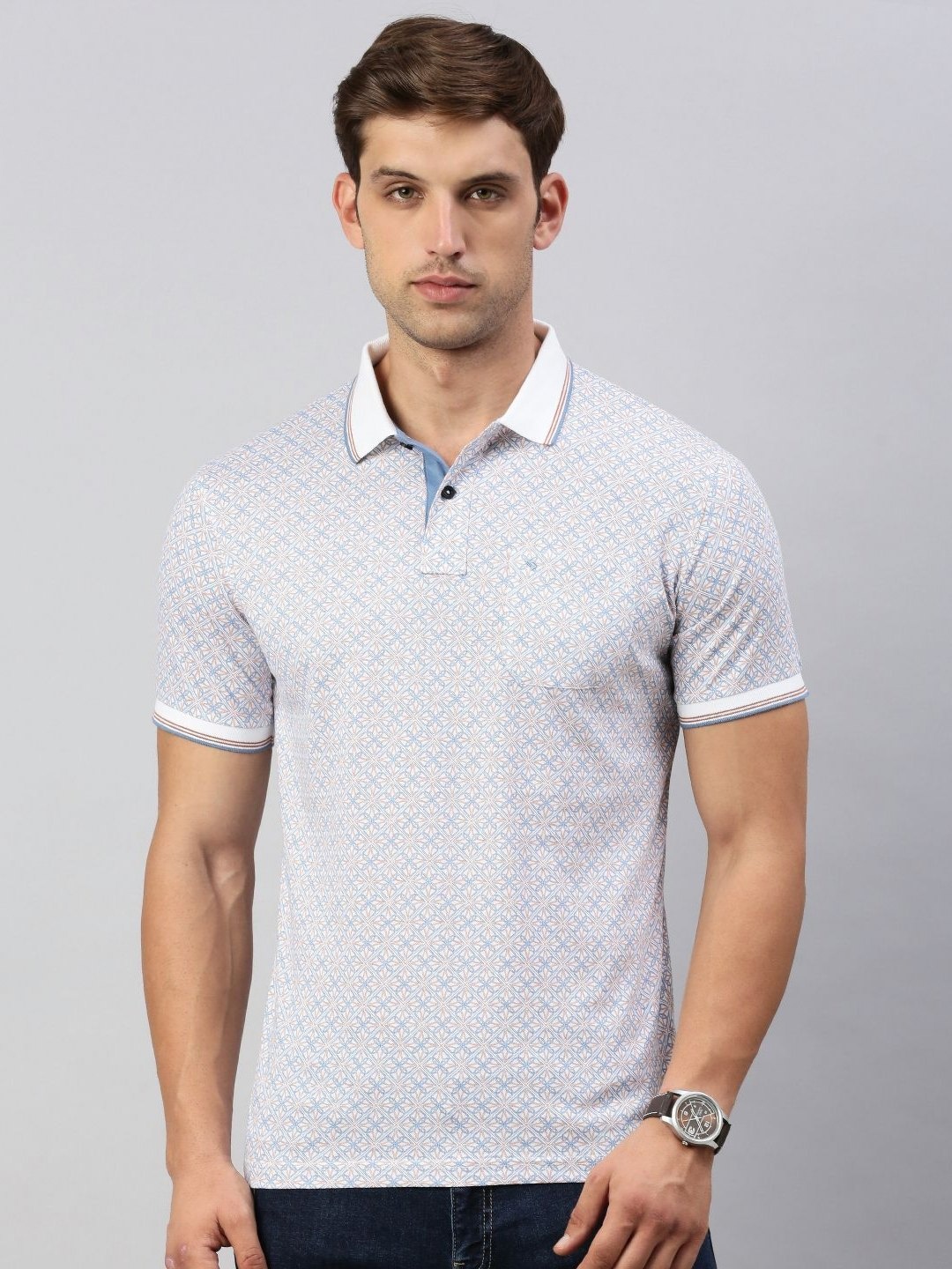 

Classic Polo Men Floral Printed Polo Collar Cotton Slim Fit T-shirt, White