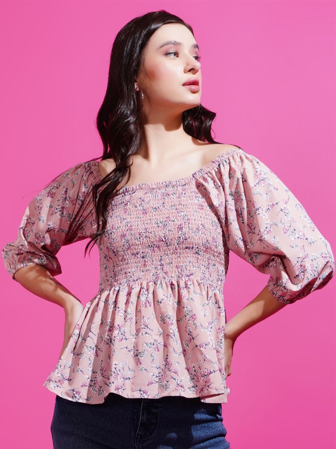 

Boholyfe Women Floral Printed Smocked Square Neck Top, Pink