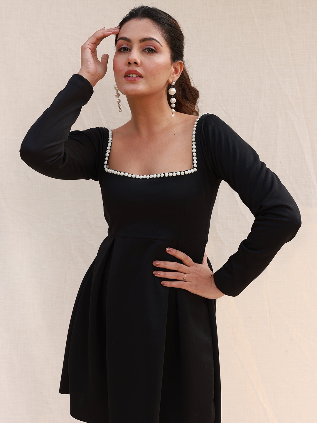 

MOONSTRUCK Solid Beaded Neck Fit & Flare Dress, Black