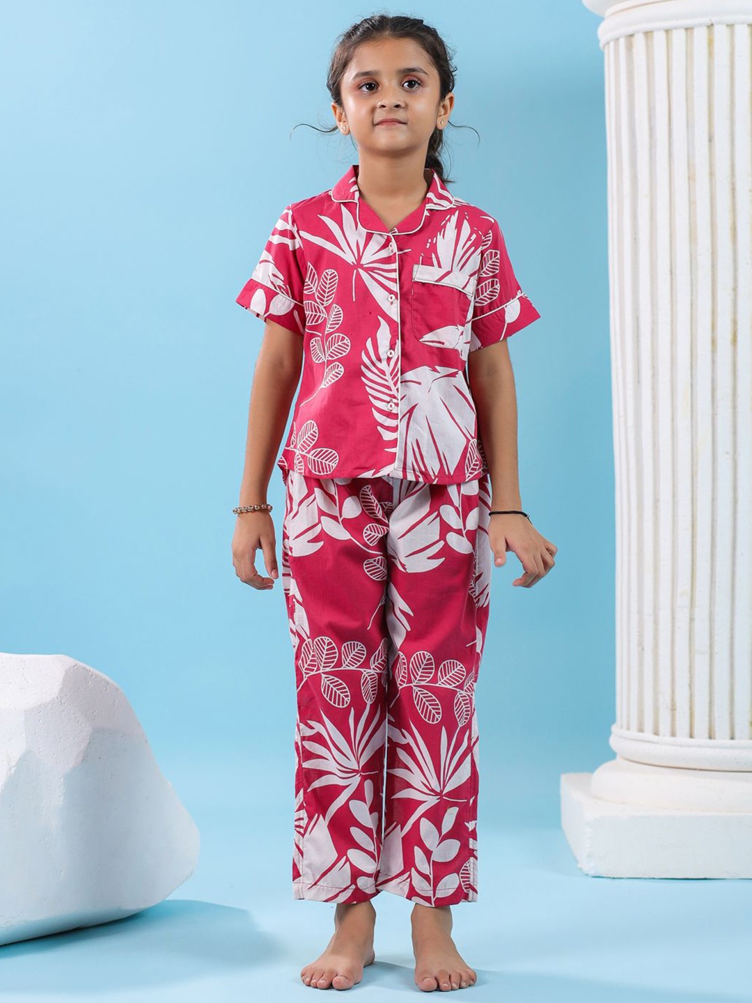 

SANSKRUTIHOMES Girls Floral Printed Pure Cotton Shirt Collar Night suit, Rose
