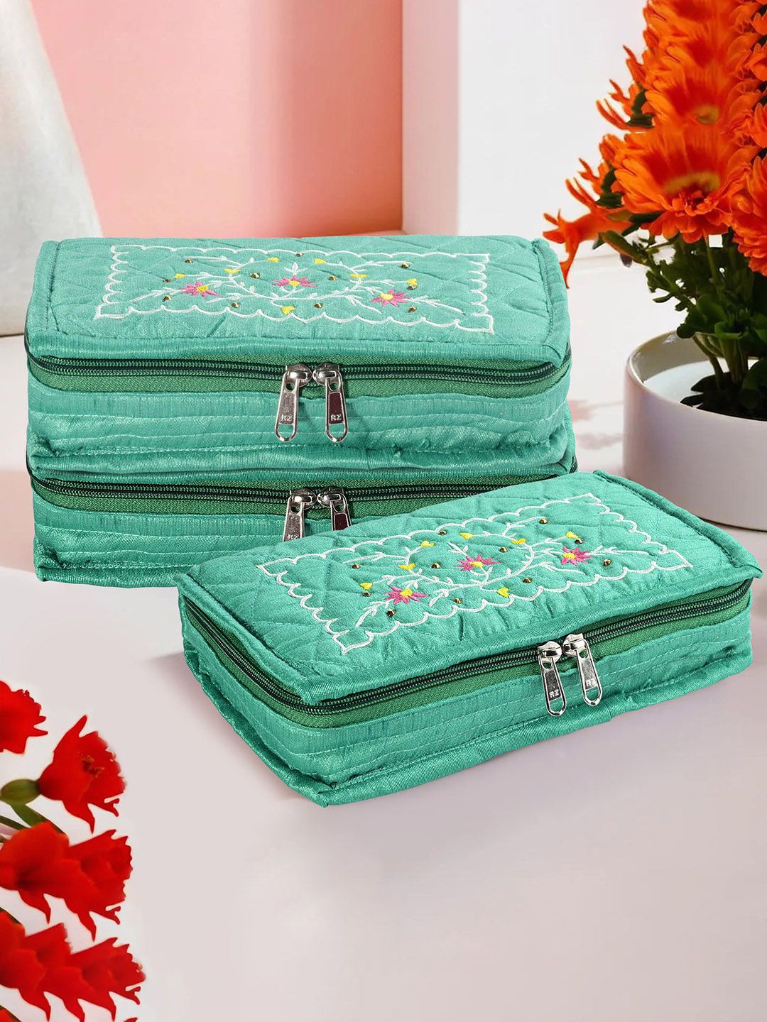 

Kuber Industries Green 3 Pieces Floral Embroidery Jewellery Organisers