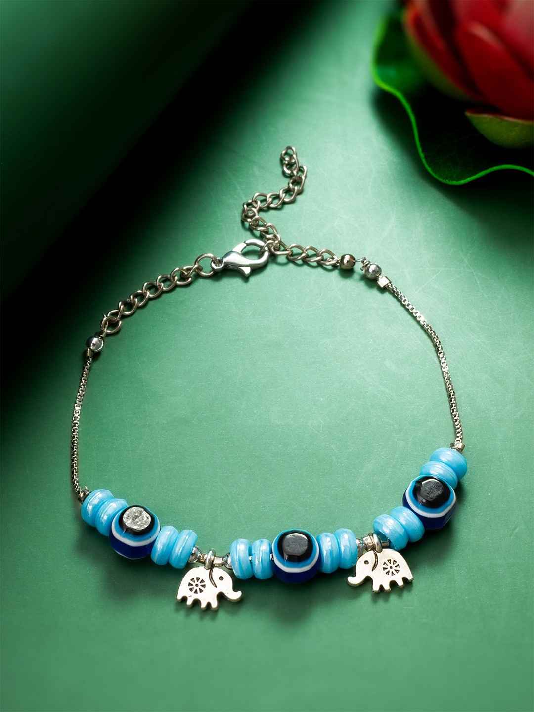 

aadita Silver Glass Pearl Evil Eye Charm Bracelet