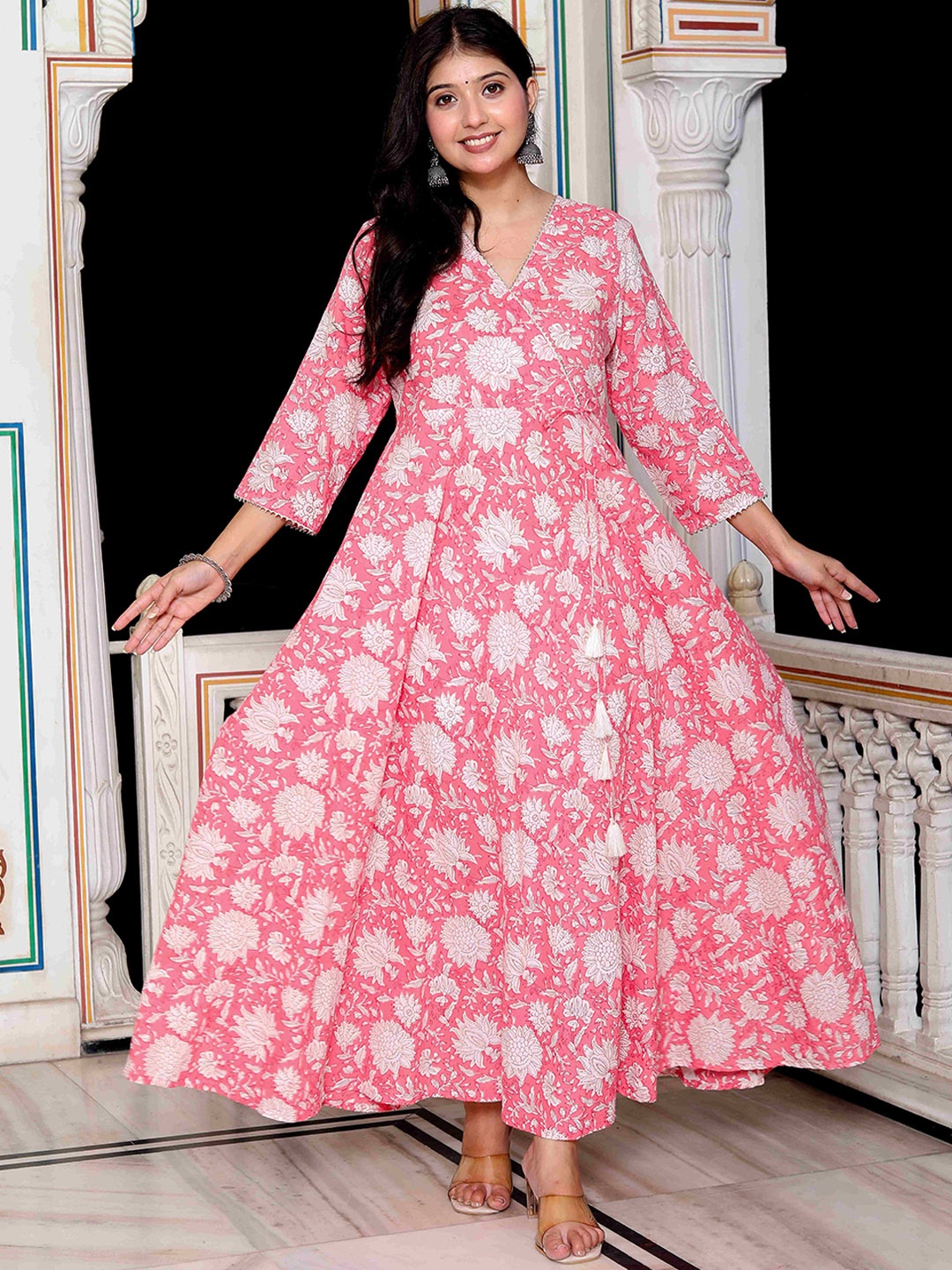 

MIRAVAN Floral Printed Cotton Anarkali Kurta, Pink