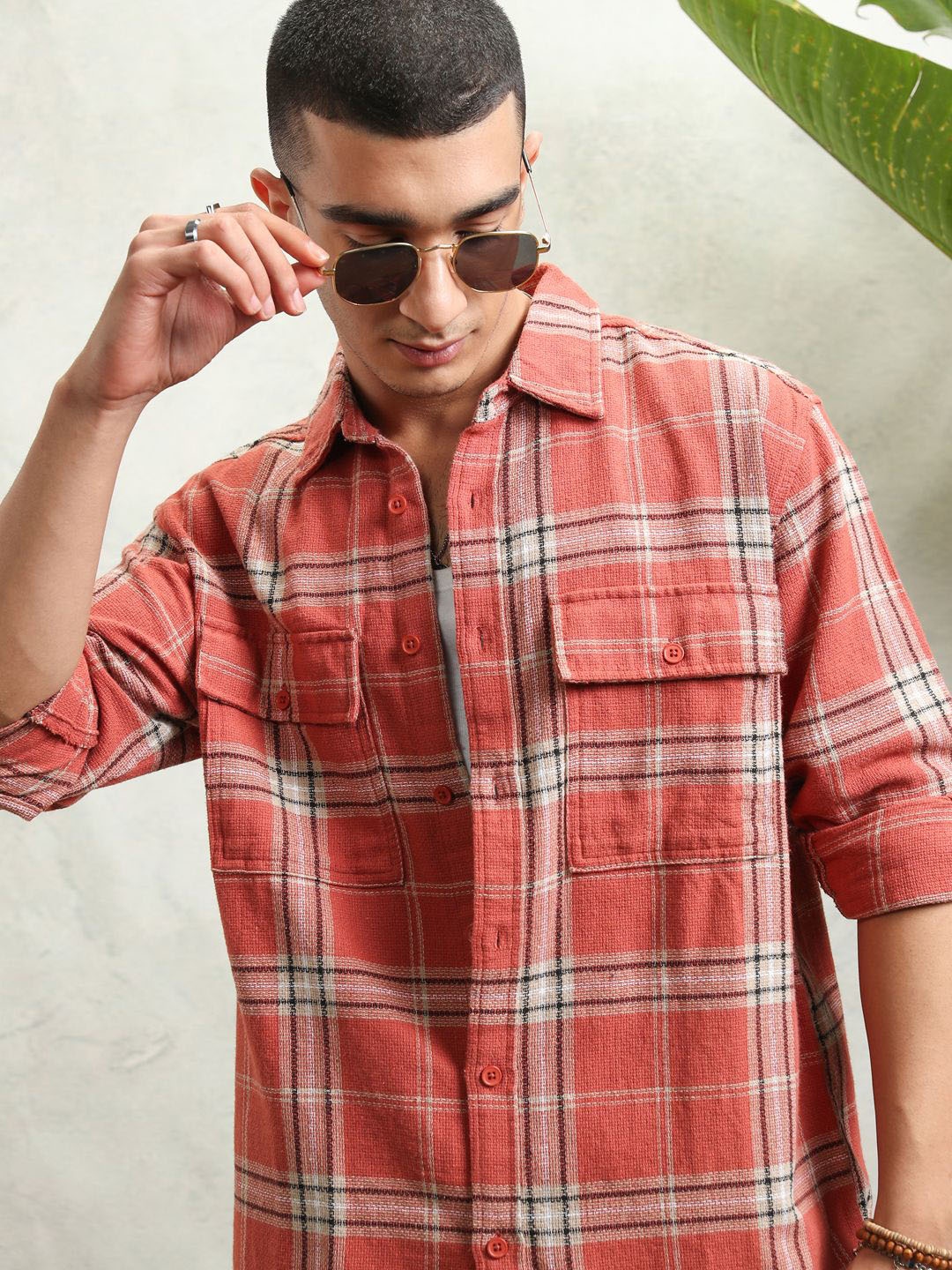 

HIGHLANDER Men Textured Dobby Checked Utlity Pocket Utility Pocket Oversized Shirt, Rust