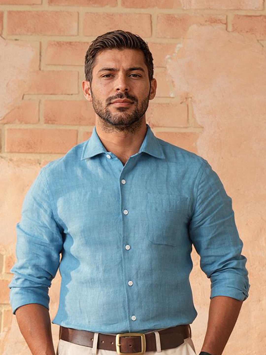 

Monks of Method Men Classic Spread Collar Solid Linen Slim Fit Casual Shirt, Blue