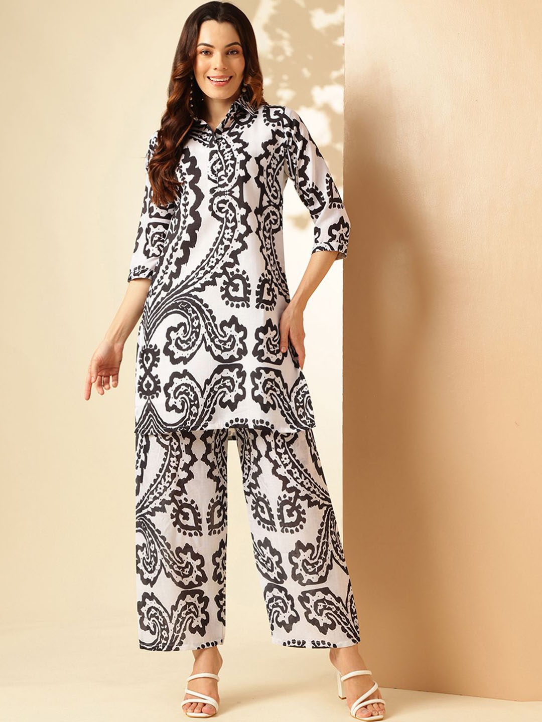

Anouk Ethnic Motifs Printed Shirt Collar Linen Kurta with Trousers, White