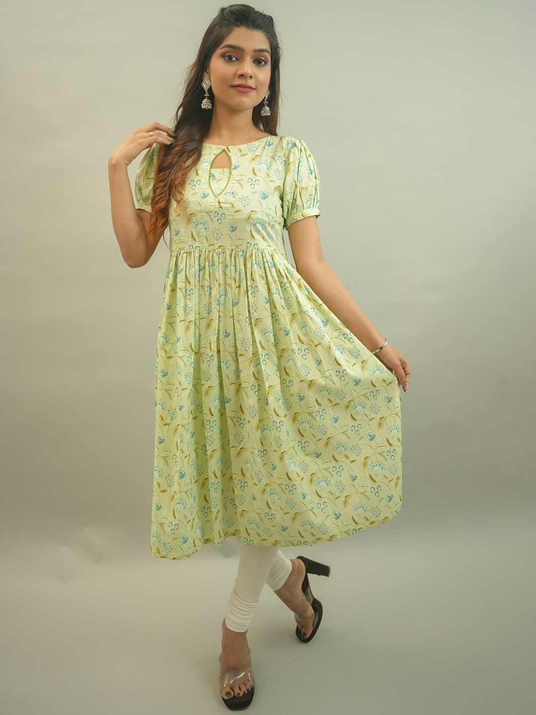 

GO BOUJEE Floral Printed Keyhole Neck Cotton Patchwork Anarkali Kurta, Green
