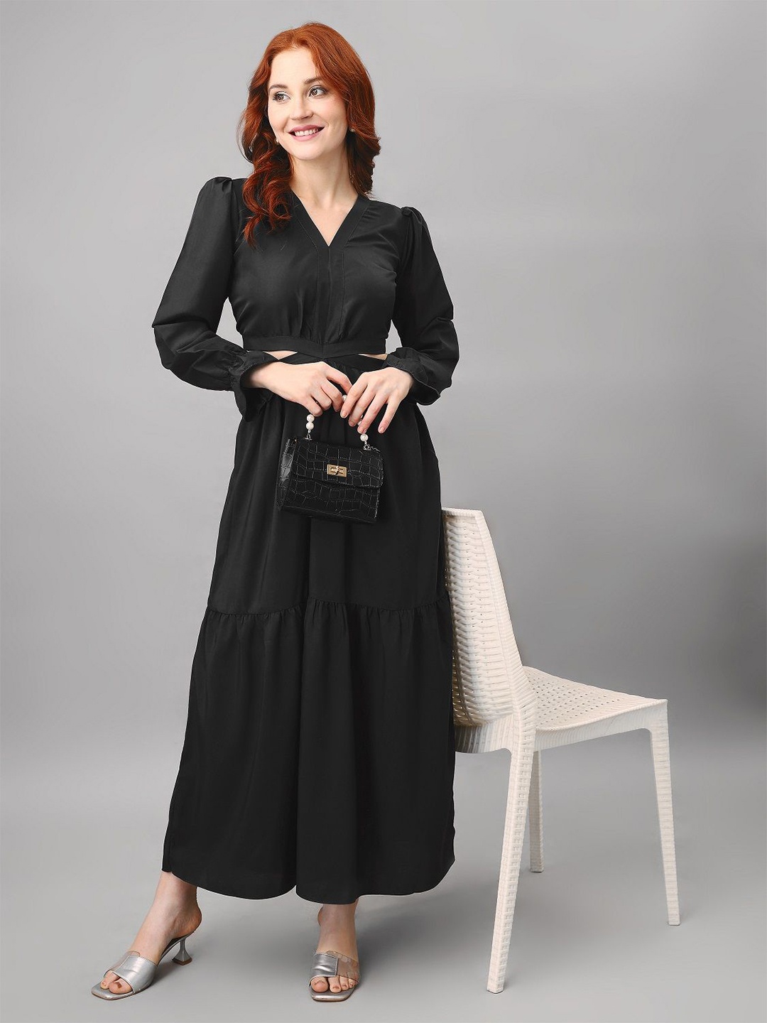 

Femvy Puff Sleeve Applique Crepe A-Line Dress, Black