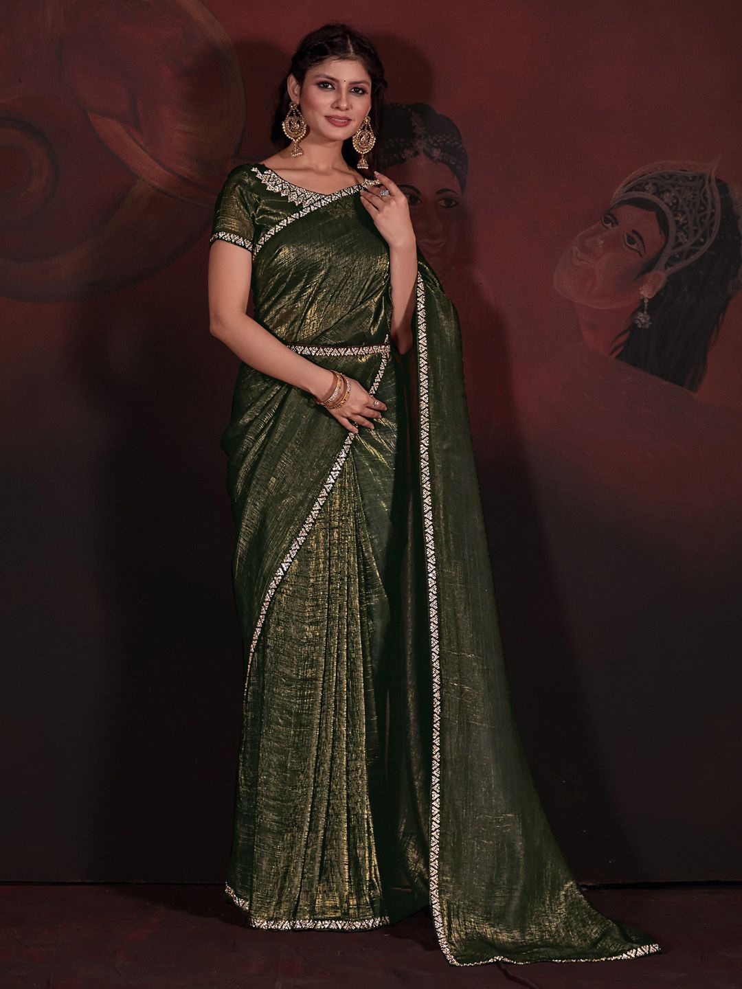 

Anouk Solid Embellished Beads and Stones Saree, Olive