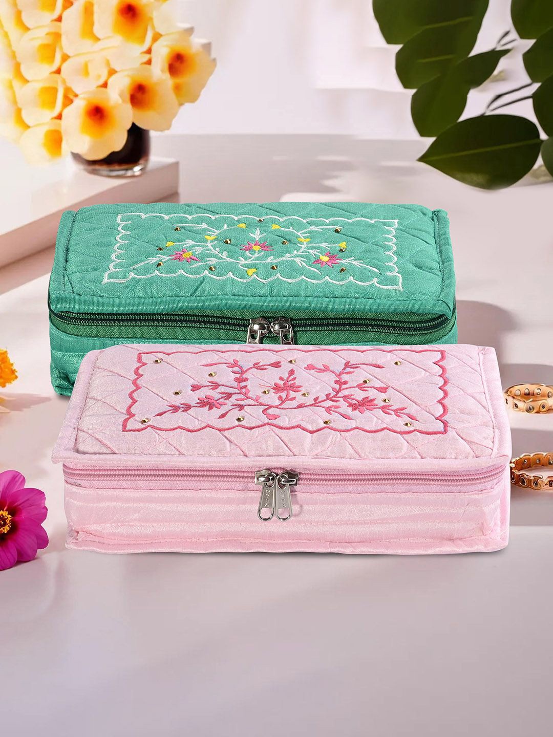 

Kuber Industries Green & Pink 2 Pieces Self Design 7 Compartments Jewellery Organiser