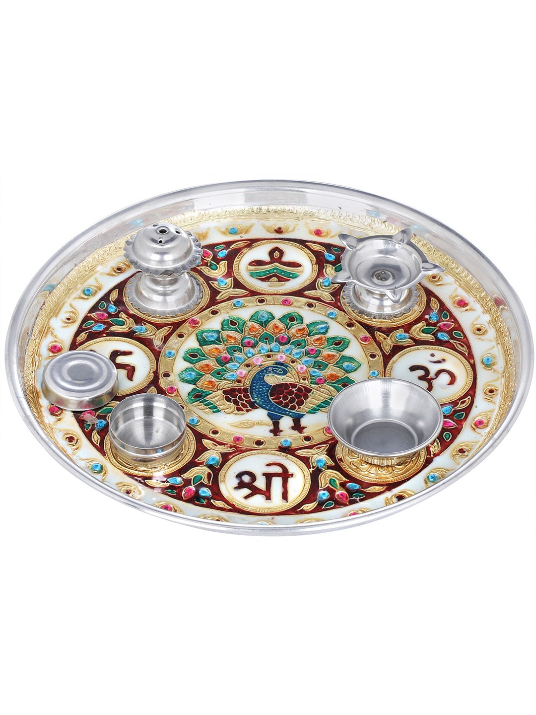 

Exotic India OM Shri Decorated Puja Thali, Silver