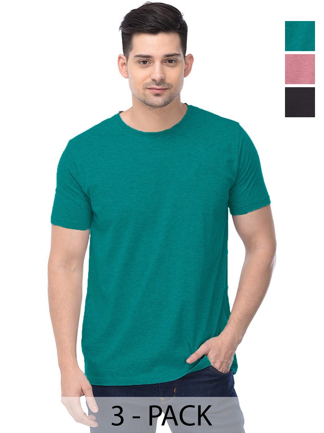 

COLOR CAPITAL Unisex Pack Of 3 Solid Round Neck Cotton T-shirts, Green