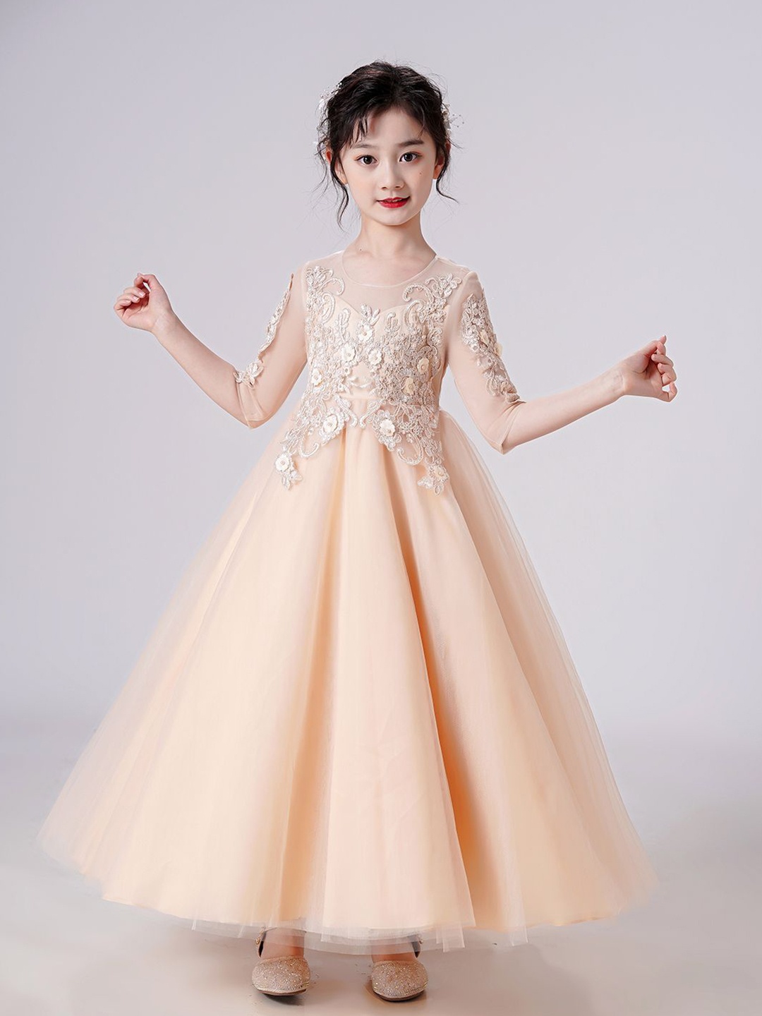 

JC SPARKLE Round Neck Embroidered Gown Dress, Champagne